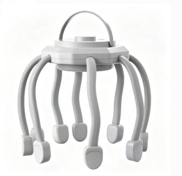 White scalp massager with a top carry loop, grey flexible claws and white massage pads