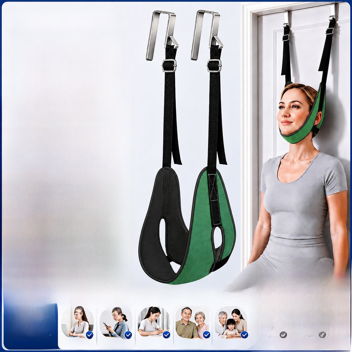 Black and green chin cradle with black nylon straps and steel door hooks, woman seated against a door, Black and Green option