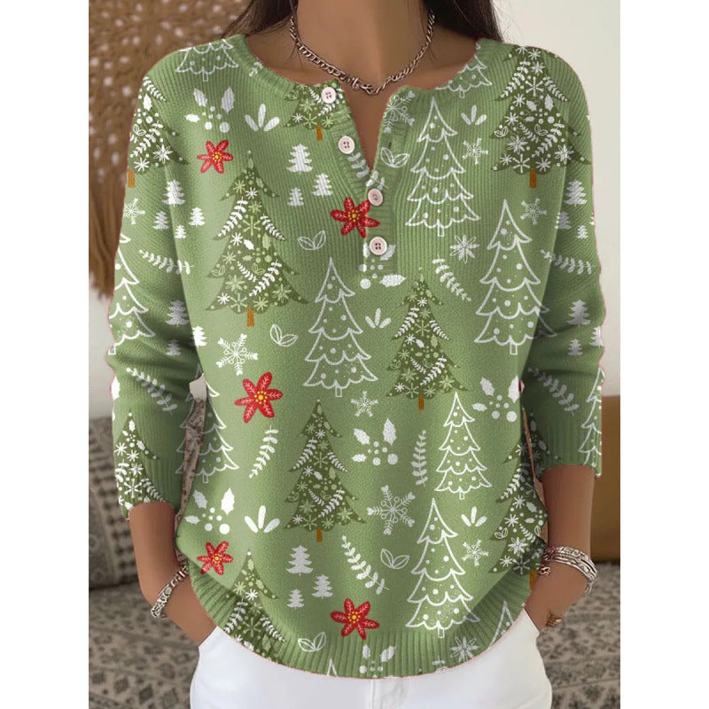 Festive Henley knit top styled with white jeans for a holiday look
