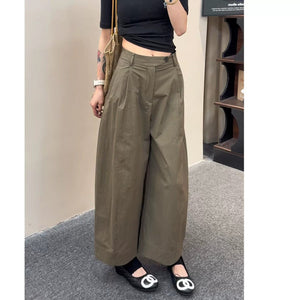 Army green pleated wide leg trousers with high waist and cropped nine point hem, front view