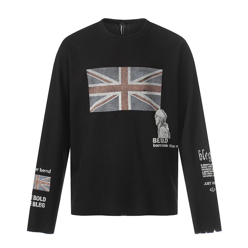 Black long sleeve flag print t-shirt with a loose fit and frayed cuffs, size 2XL option view