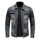 Detail of the fold-down collar on the blue trucker jacket