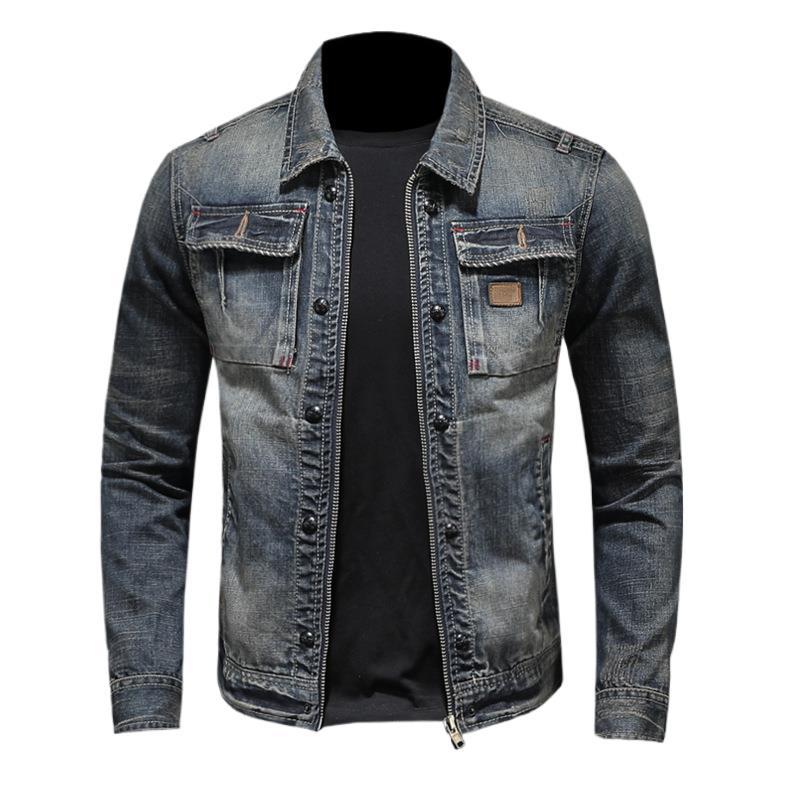 Detail of the fold-down collar on the blue trucker jacket