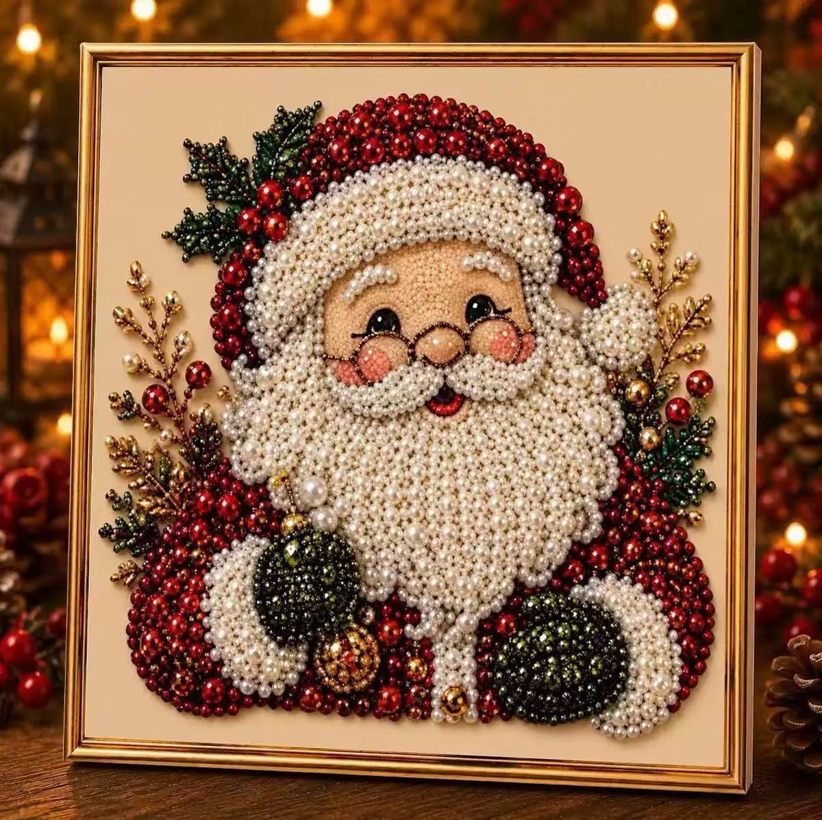 Santa Claus diamond painting in a gold edge frame, Embroidery Hoop Santa GoldEdge option