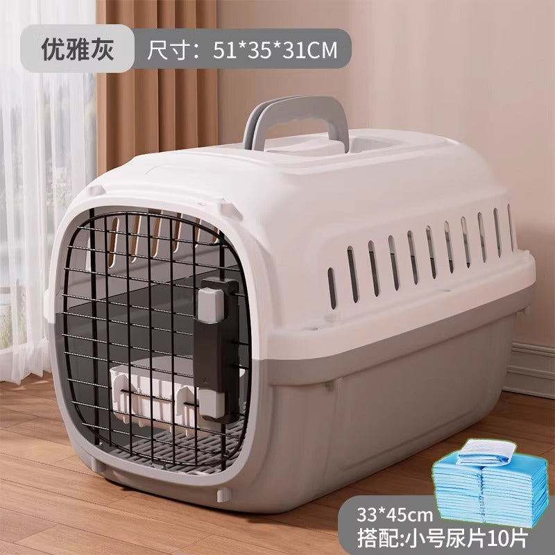 Hard plastic pet crate in a bright colour with a white top and coloured base