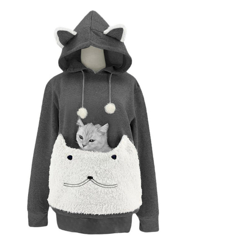 Dark gray cat ear hoodie with white plush cat face pouch and white pompoms, size XXXL option
