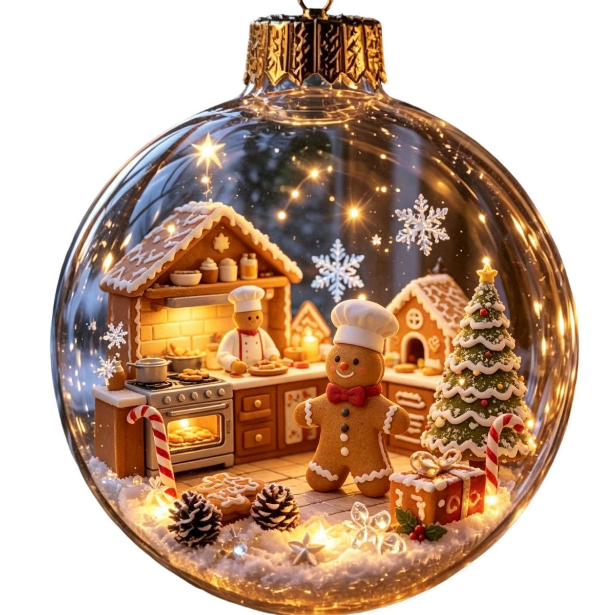 Clear Christmas ornament printed with a gingerbread bakery and chef gingerbread man scene