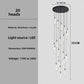 Specification panel of the 20 heads spiral LED chandelier with aluminum acrylic tubes, dimensions and light source