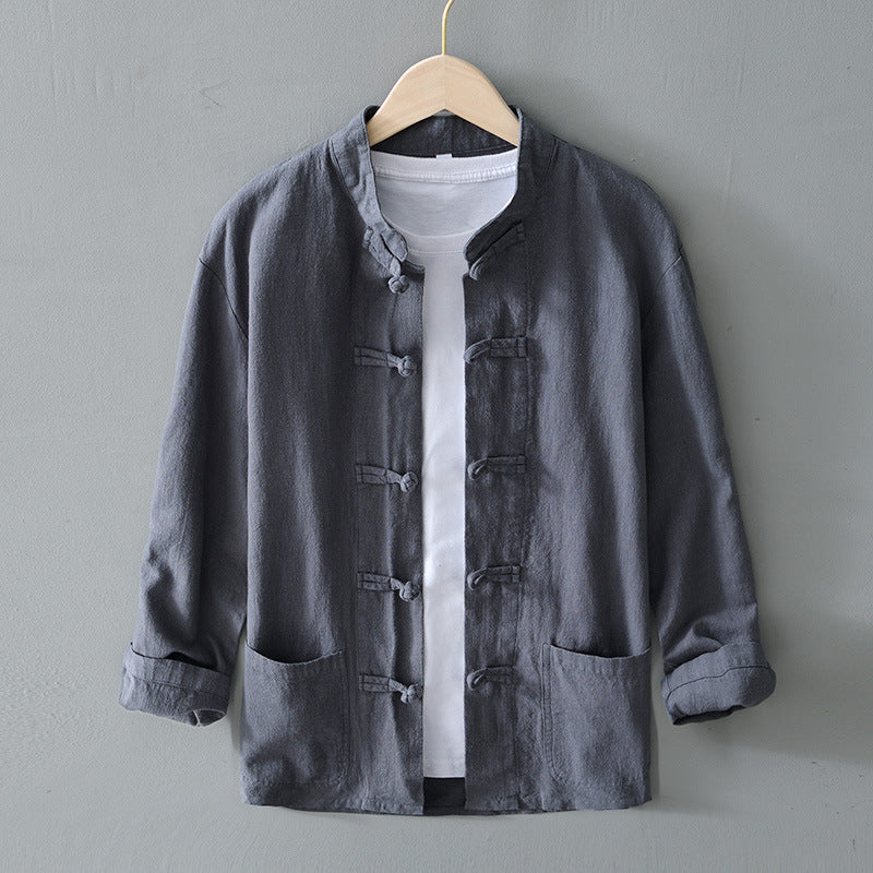 Gray frog closure shirt jacket with stand collar on a hanger over a white tee, image of the size XXL option