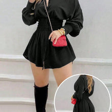 Womens Smocked Waist Button Front Mini Shirt Dress with Long Sleeves