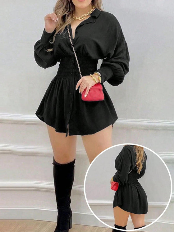 Womens Smocked Waist Button Front Mini Shirt Dress with Long Sleeves