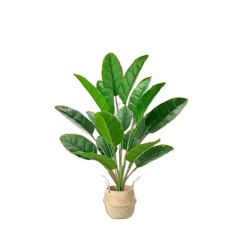 Artificial traveler banana plant shown in a woven basket prop
