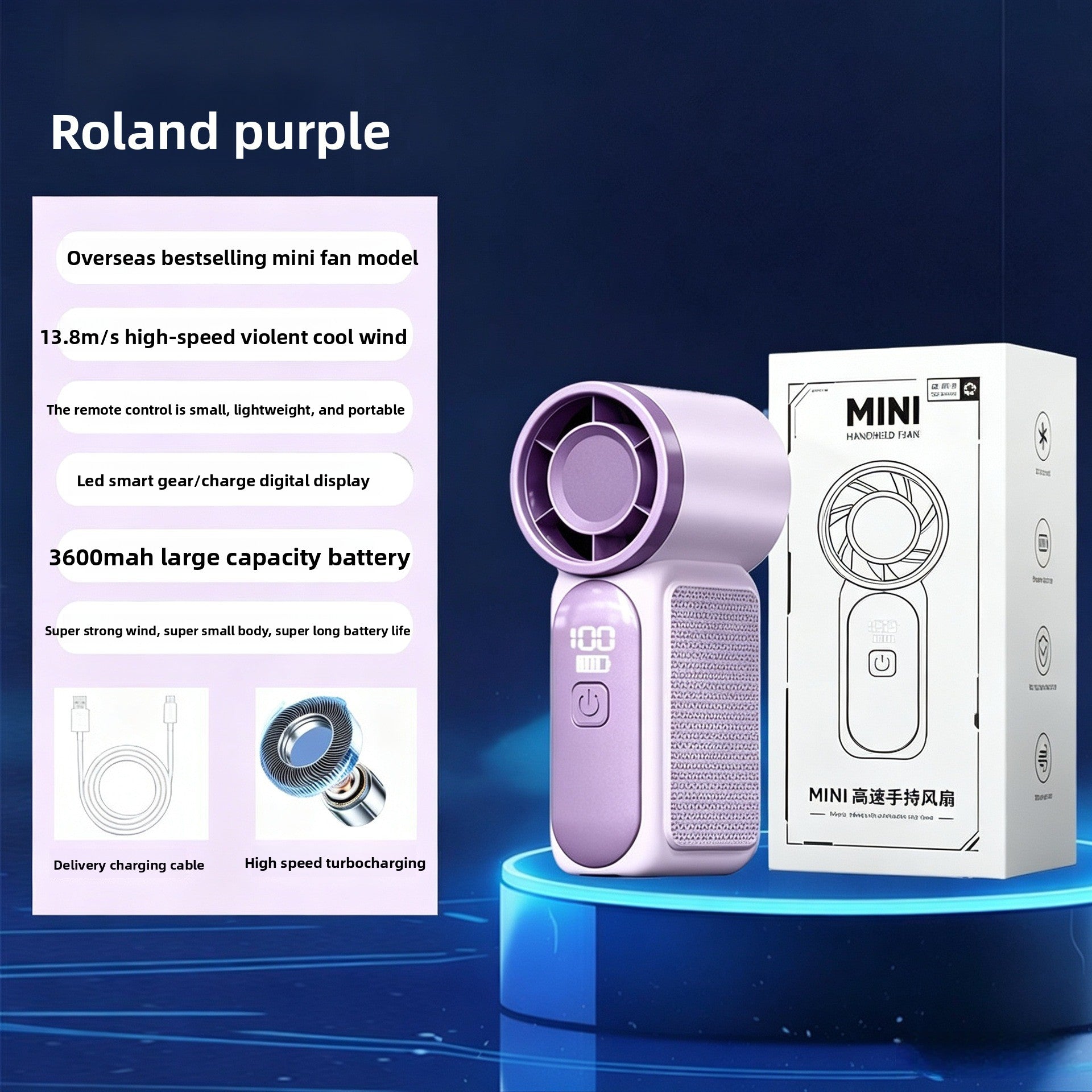 Purple handheld turbo fan next to its box and USB charging cable