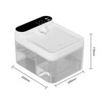 White 2.6L pet water fountain with a clear tank and a black touch panel on a white background, 250 by 200 by 170 mm