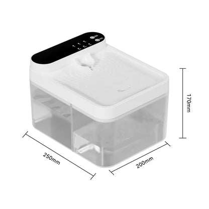 White 2.6L pet water fountain with a clear tank and a black touch panel on a white background, 250 by 200 by 170 mm