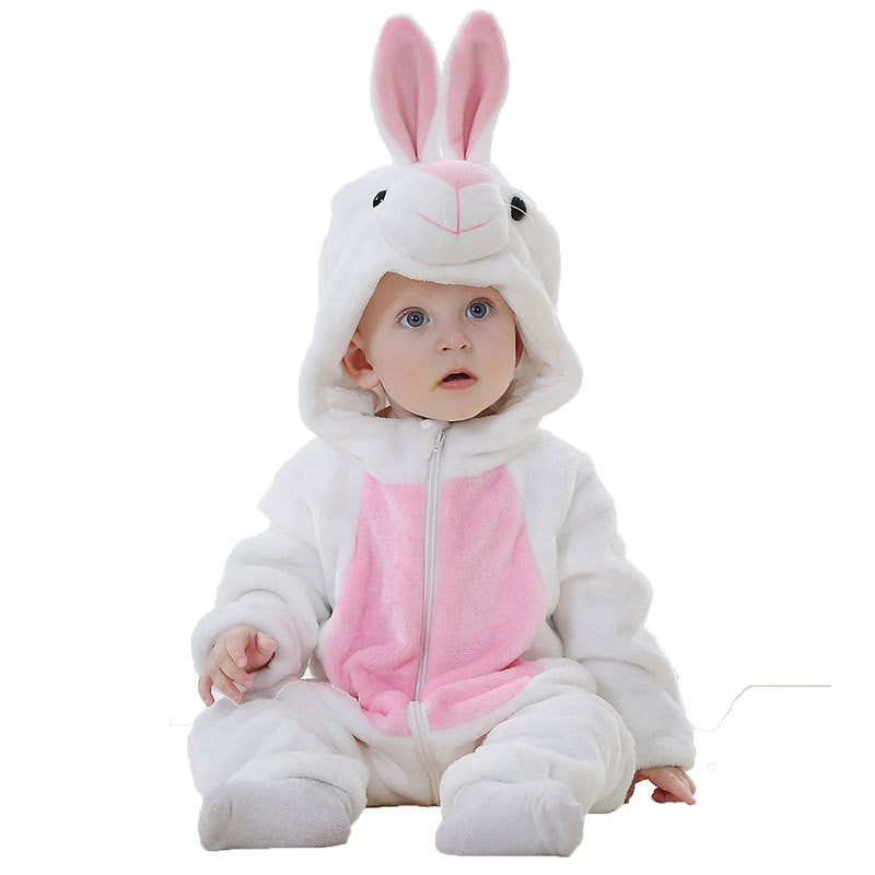 Baby in a white rabbit flannel romper with long ears and a pink belly panel, size 90