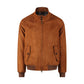 Brown vegan suede zip bomber jacket with a Harrington stand collar