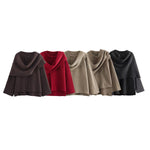Five knitted scarf collar coats in dark gray, brown, khaki, red and white laid in a row