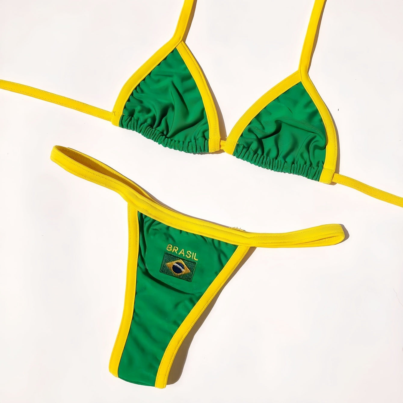Yellow Brasil triangle bikini top with green contrast trim detail