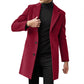 Man in a burgundy single-breasted coat with a notch lapel over a black turtleneck, front view