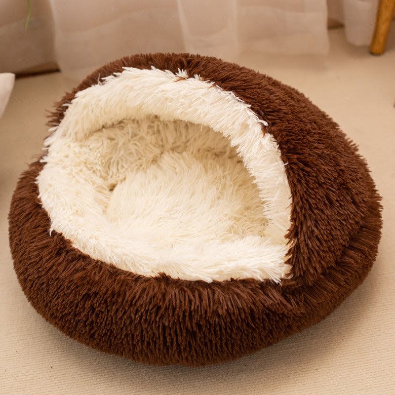 Grey plush pet nest with the hood and open front, sized for a small pet