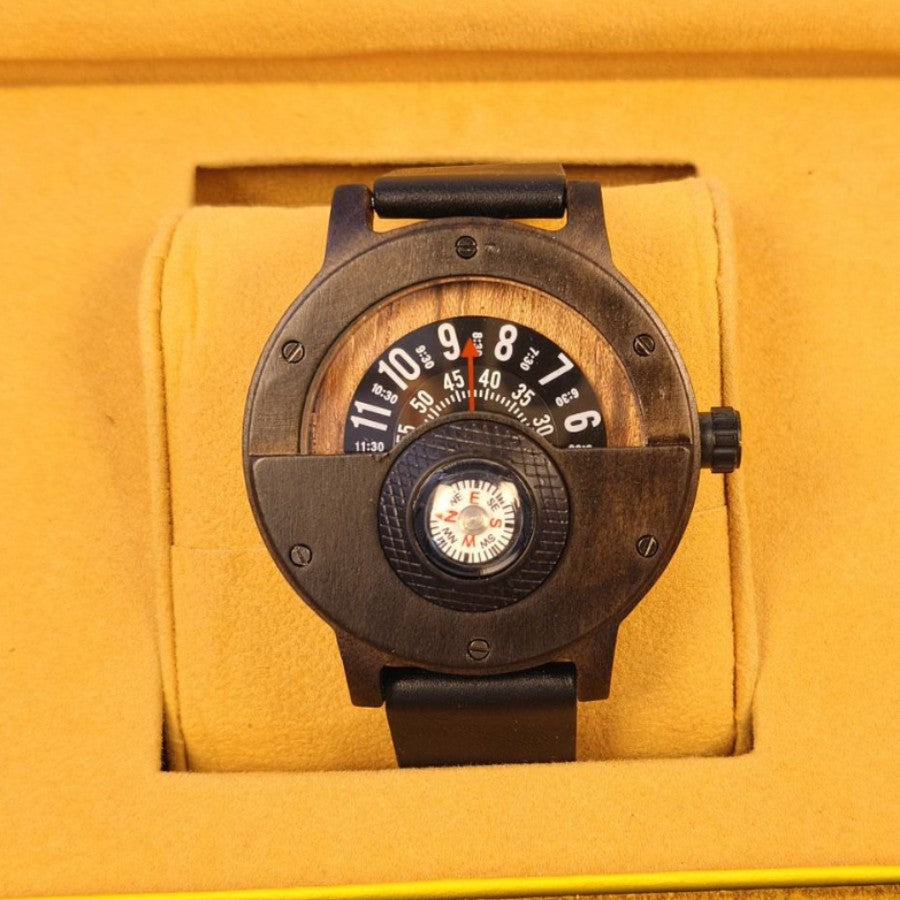Wooden compass wrist watch worn on the wrist in daily use