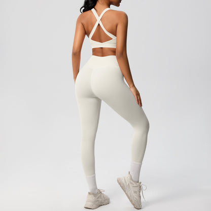 Workout set styled with a denim jacket for the post gym coffee run