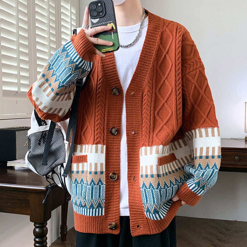 Rust orange cable knit V neck cardigan with a teal jacquard band, image for the Rust Orange option in size XXXL