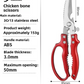 Red kitchen bone shears with a spec panel noting 3Cr13 stainless steel and ABS handle