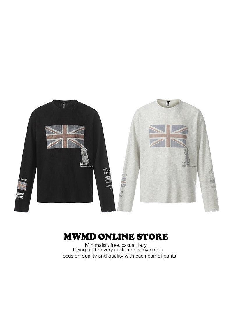 Black and light gray long sleeve t-shirts with Union Jack prints shown side by side