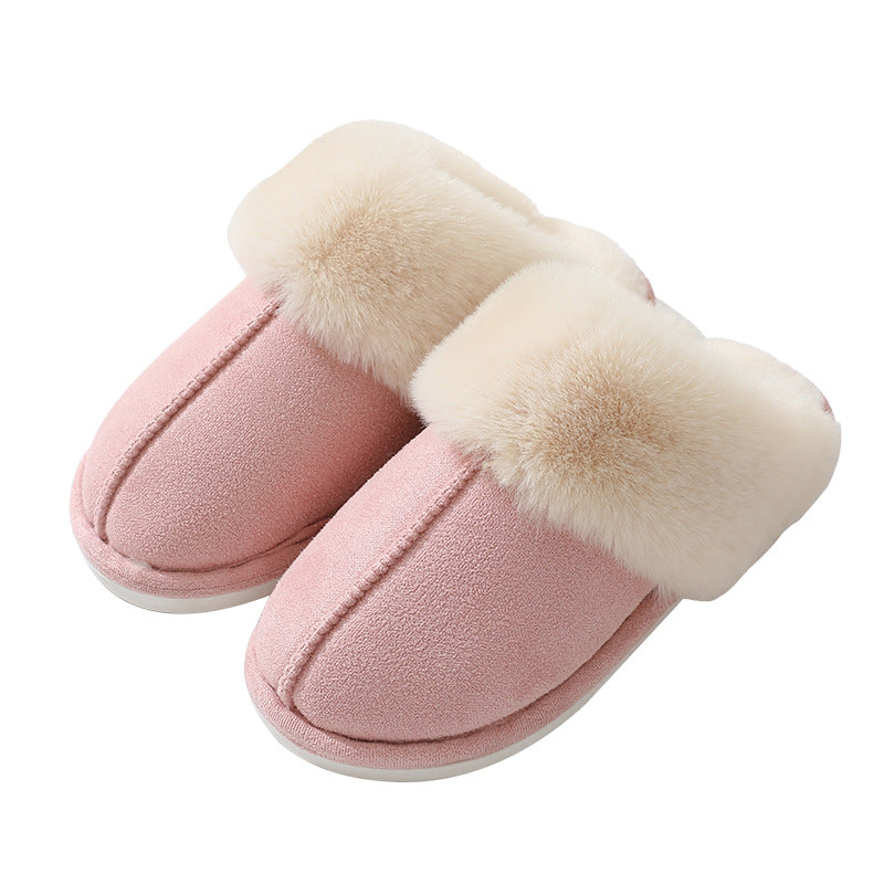 Pink plush cuff slip-on mule slippers on a white background with a thin white sole edge