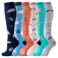 Knee high compression socks with athletic stripe prints for running and cycling