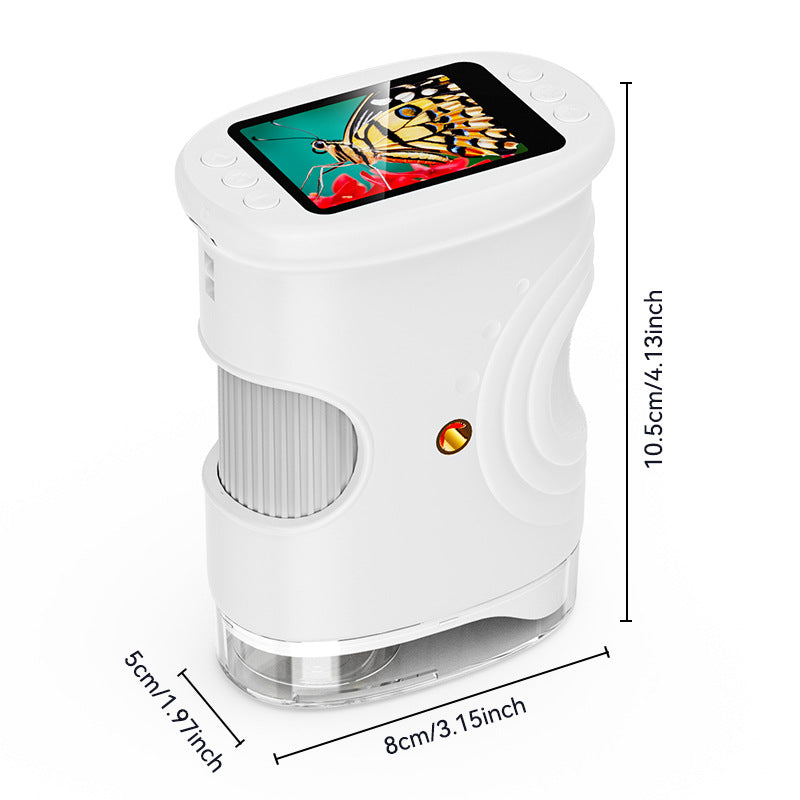 White kids microscope with labels showing 10.5 by 8 by 5 centimeter size