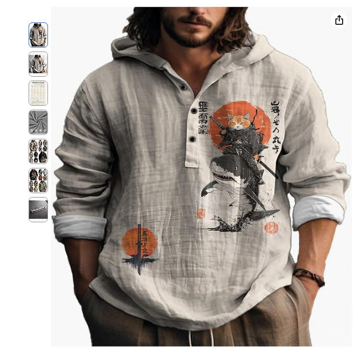 Hooded henley shirt, greige shirt with a samurai cat and an orange sun, size M