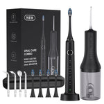 Black sonic electric toothbrush and water flosser with four brush heads, four nozzles, travel case and oral care combo box