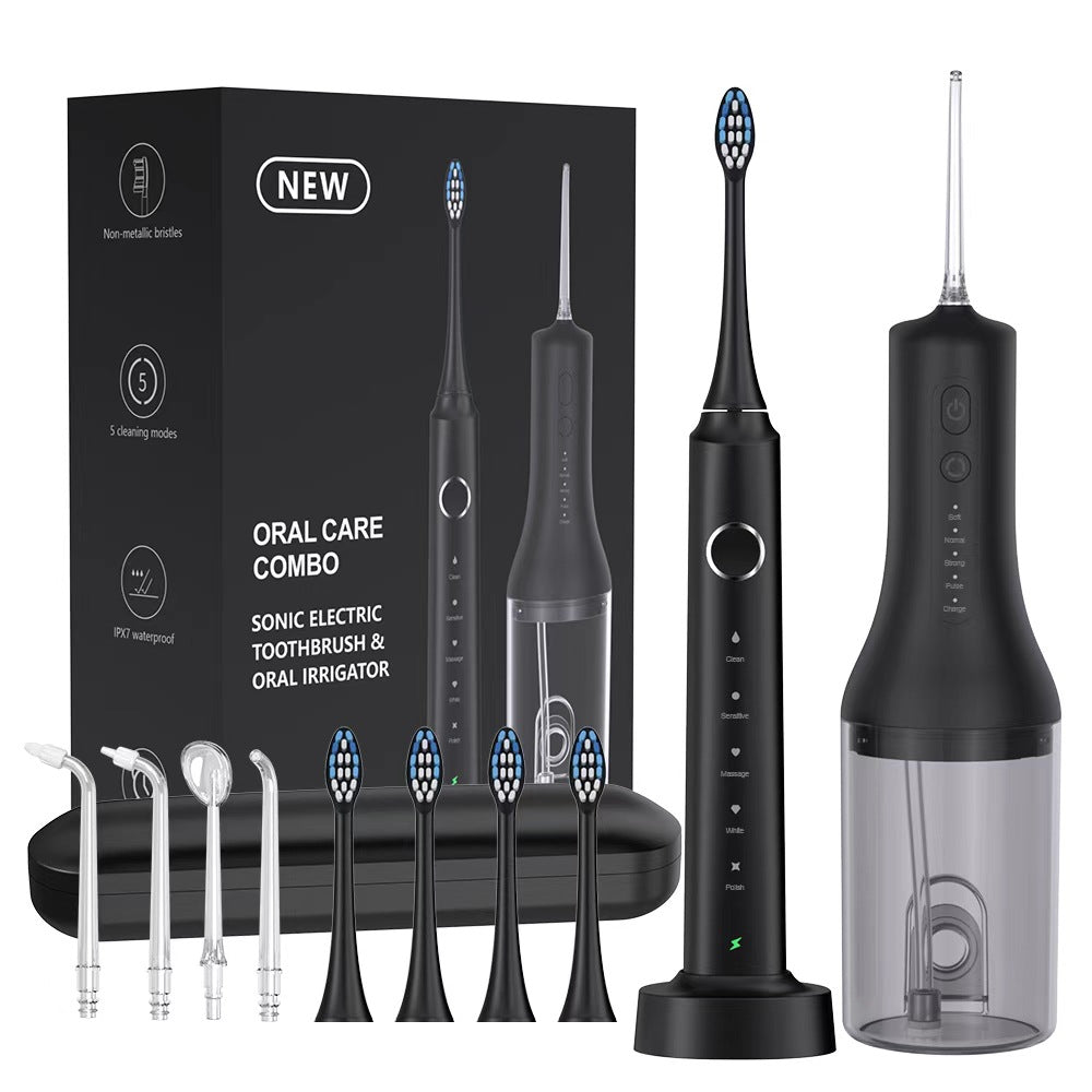 Black sonic electric toothbrush and water flosser with four brush heads, four nozzles, travel case and oral care combo box