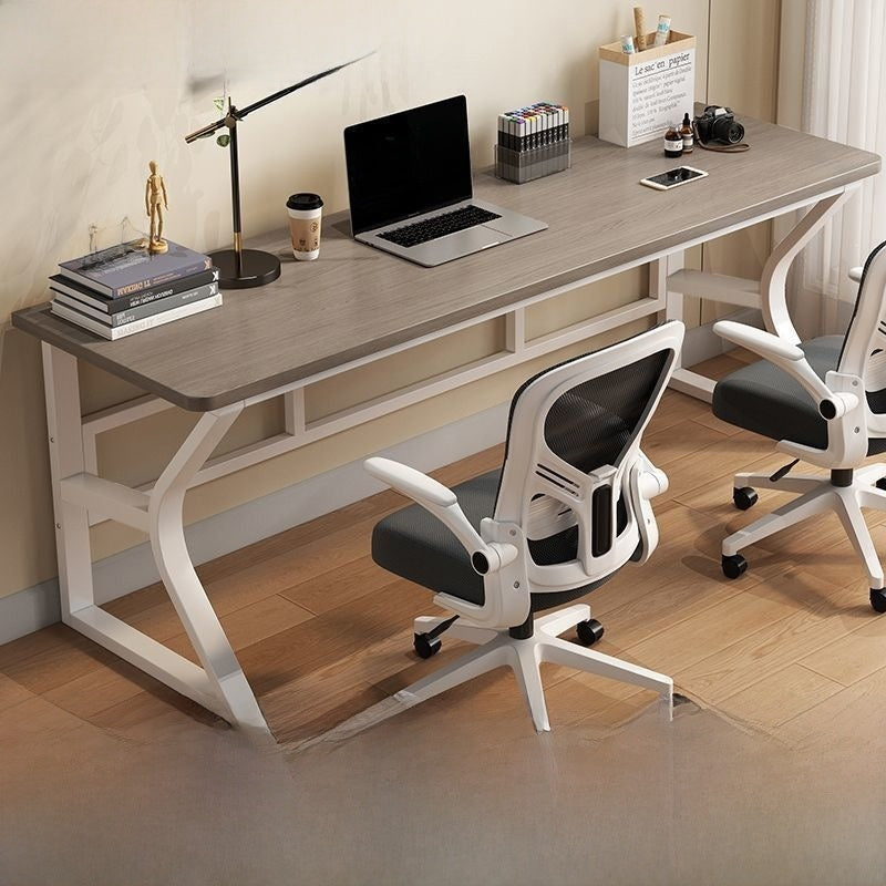 Gray wood grain top desk with a white frame and a white chair, White Frame Ironwood, 80x60x75cm