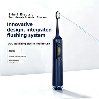 Navy 2 in 1 electric toothbrush and water flosser with a water jet from the brush head