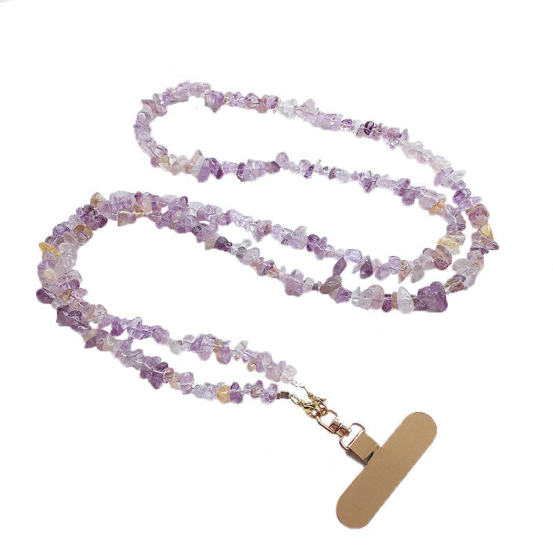 Side profile of the amethyst citrine phone lanyard showing strung stone beads