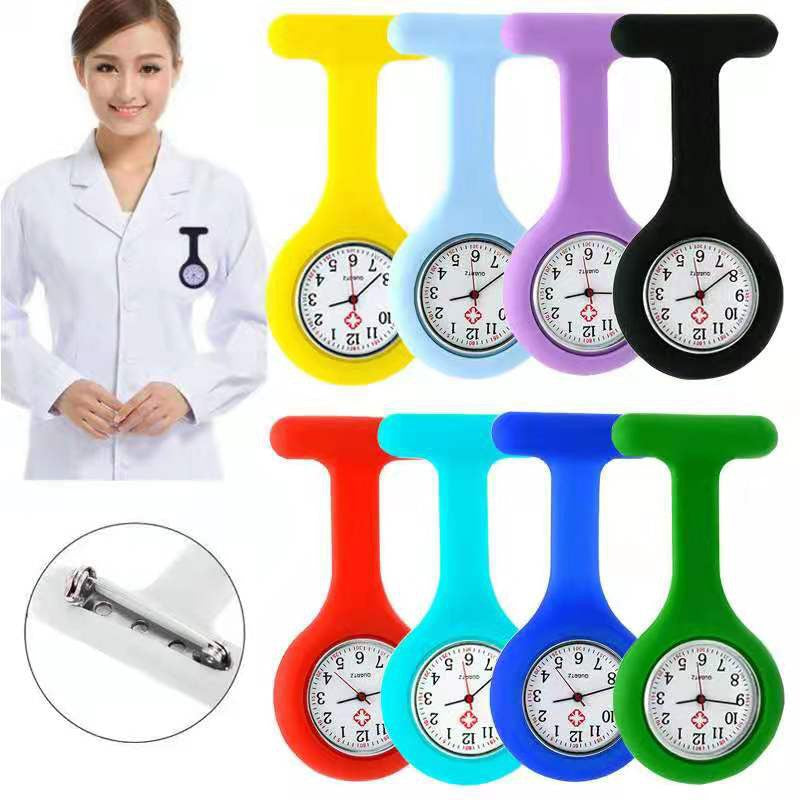 Silicone nurse fob watches shown with the pin back and worn on a white coat