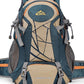 Teal and beige hiking backpack with orange trim, a colour that is not listed in the Color option, front view
