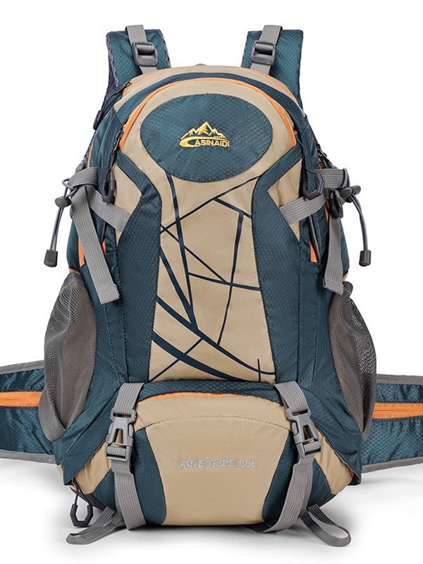 Teal and beige hiking backpack with orange trim, a colour that is not listed in the Color option, front view