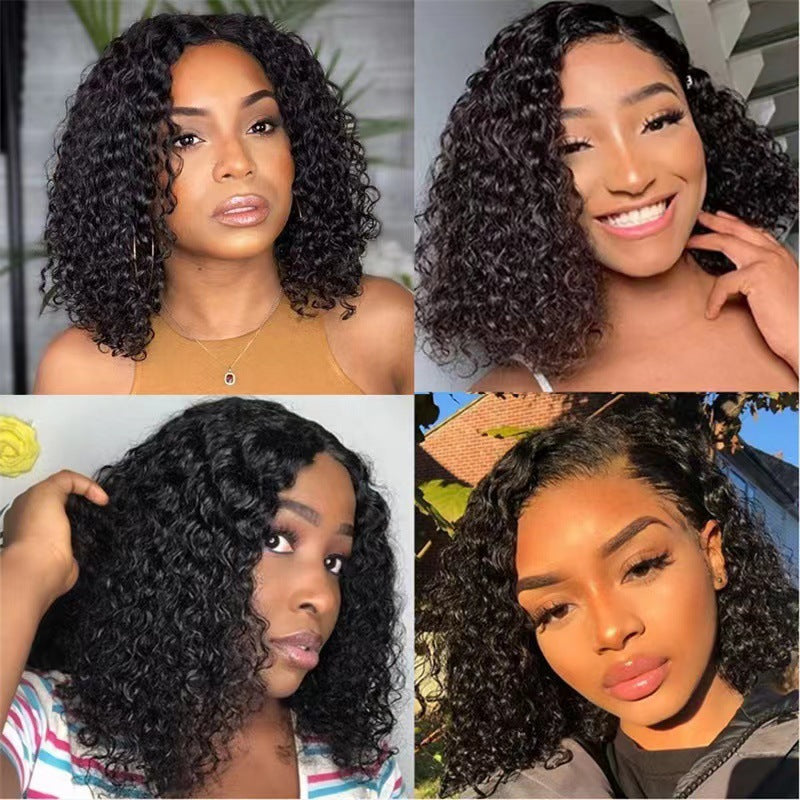 Short curly black synthetic lace front bob wig shown on a model