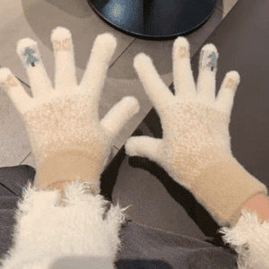 Khaki fuzzy knit fleece lined touchscreen gloves with snowflake pattern for winter
