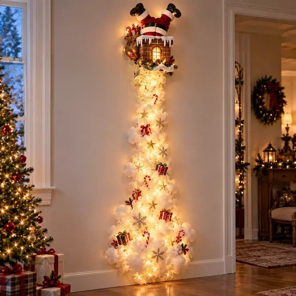 Illustrated Christmas wall display with Santa climbing into a chimney above a trail of lights, Chimney option