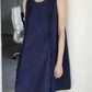 Navy blue ruffle trim A-line dress with round neck, relaxed loose fit front view