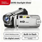 Silver DV90 camera labeled starlight silver with 16X lens, 2.4 inch rotating screen, built in flash and 16x digital zoom