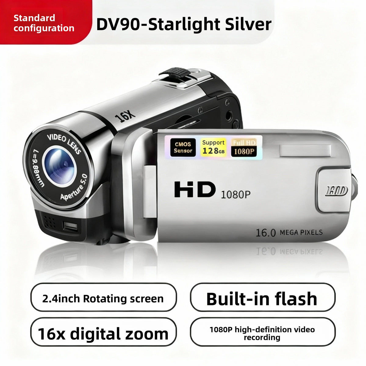 Silver DV90 camera labeled starlight silver with 16X lens, 2.4 inch rotating screen, built in flash and 16x digital zoom