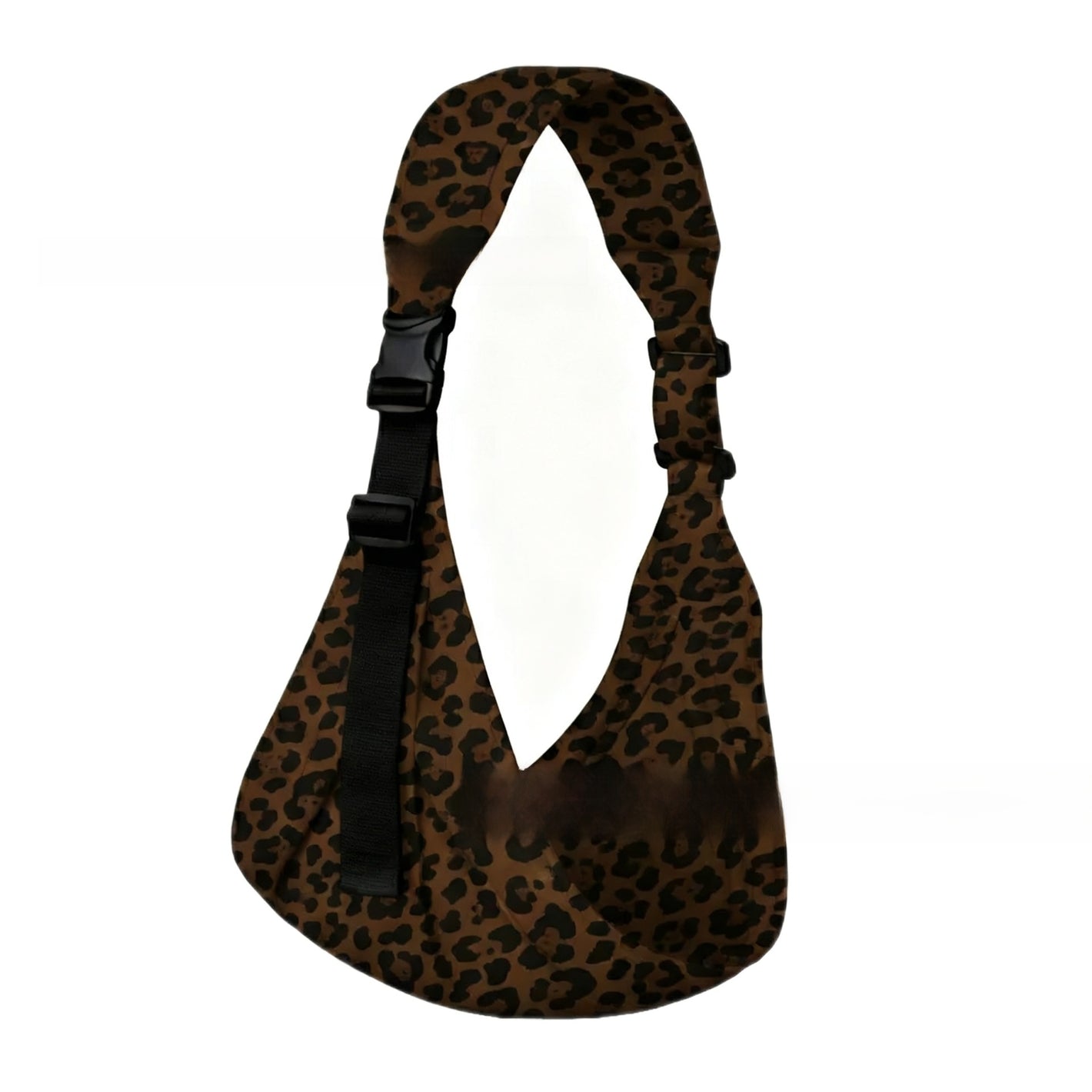 Parent wearing a brown leopard one-shoulder baby sling carrier with a toddler held close