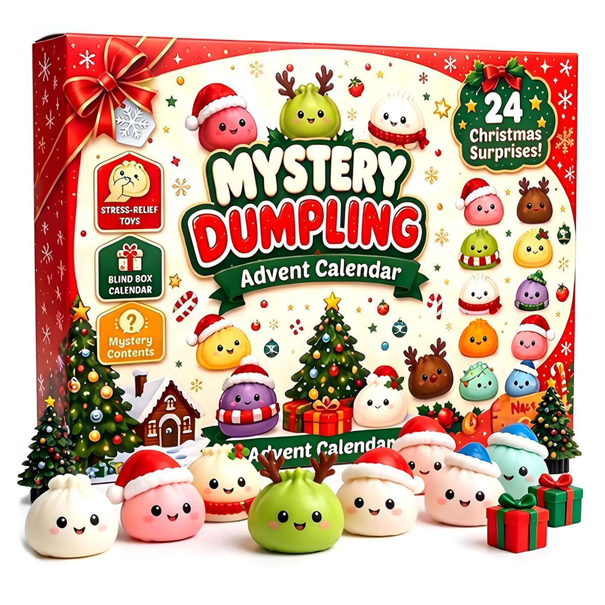 Mystery Dumpling advent calendar box with 24 Christmas Surprises badge and smiling dumpling squeeze toys in front
